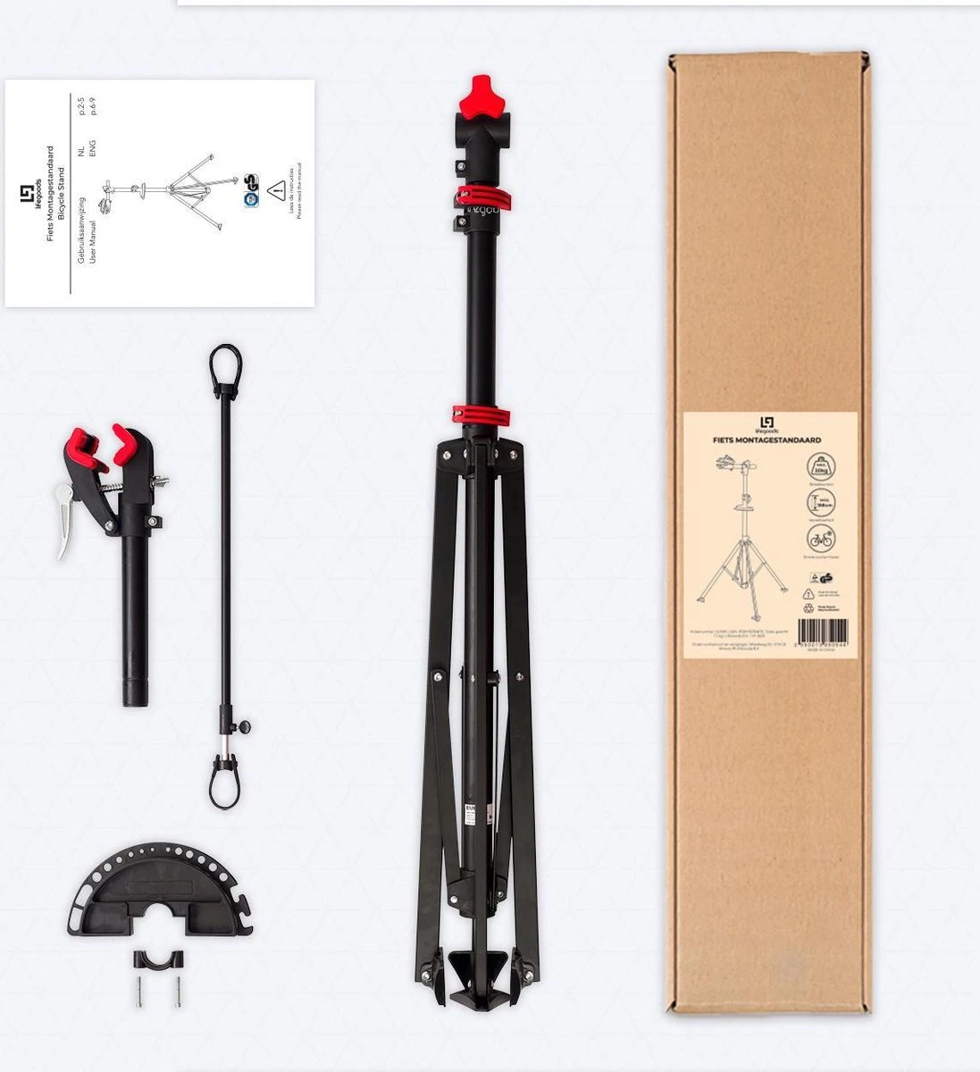 LifeGoods Fiets Montagestandaard - Fietsreparatie Racefiets / MTB - Incl. Stuurhouder - Zwart/Rood - Afbeelding 10