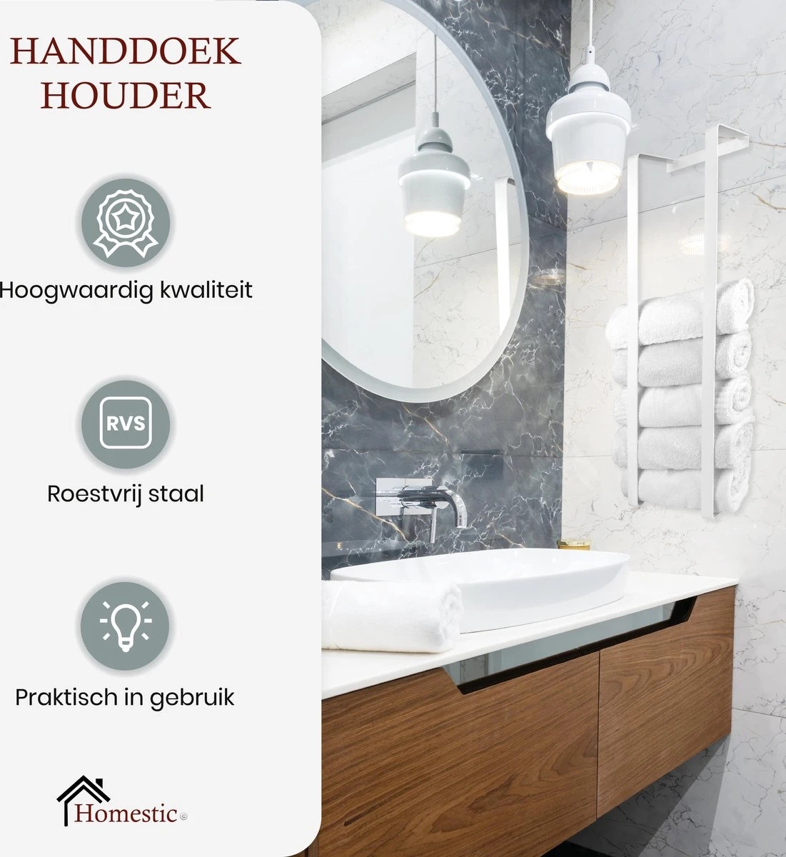 Homestic© Handdoekrek Zonder Boren - Antioch Stalen Handdoekhouder Voor In De Badkamer/Keuken/Camper/Tuin - 70x20x13 - Wit - Afbeelding 4