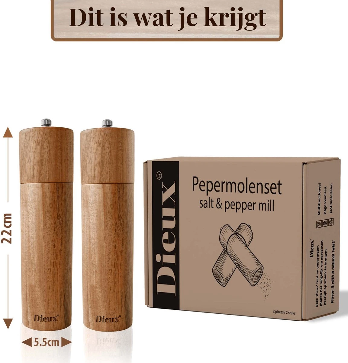 Dieux® - Peper En Zoutmolen Set - Cilinder Vorm - 22CM - Zout Peper Kruiden - 2 Stuks - Acacia Hout - Instelbare Maalgraad - Duurzaam - Luxe Kwaliteit - Hervulbaar - Pepermolen - Zoutmolen - BBQ Accesoires - Pasen - Afbeelding 7