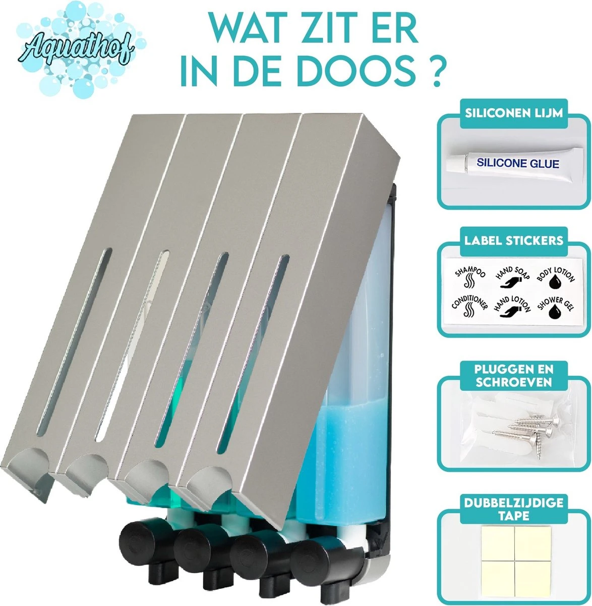 Aquathof, Zeepdispenser, RVS Kleur, 4 Kamer, 4 Reservoirs, 4x500ml, Hangend - Wandmontage - Afbeelding 8