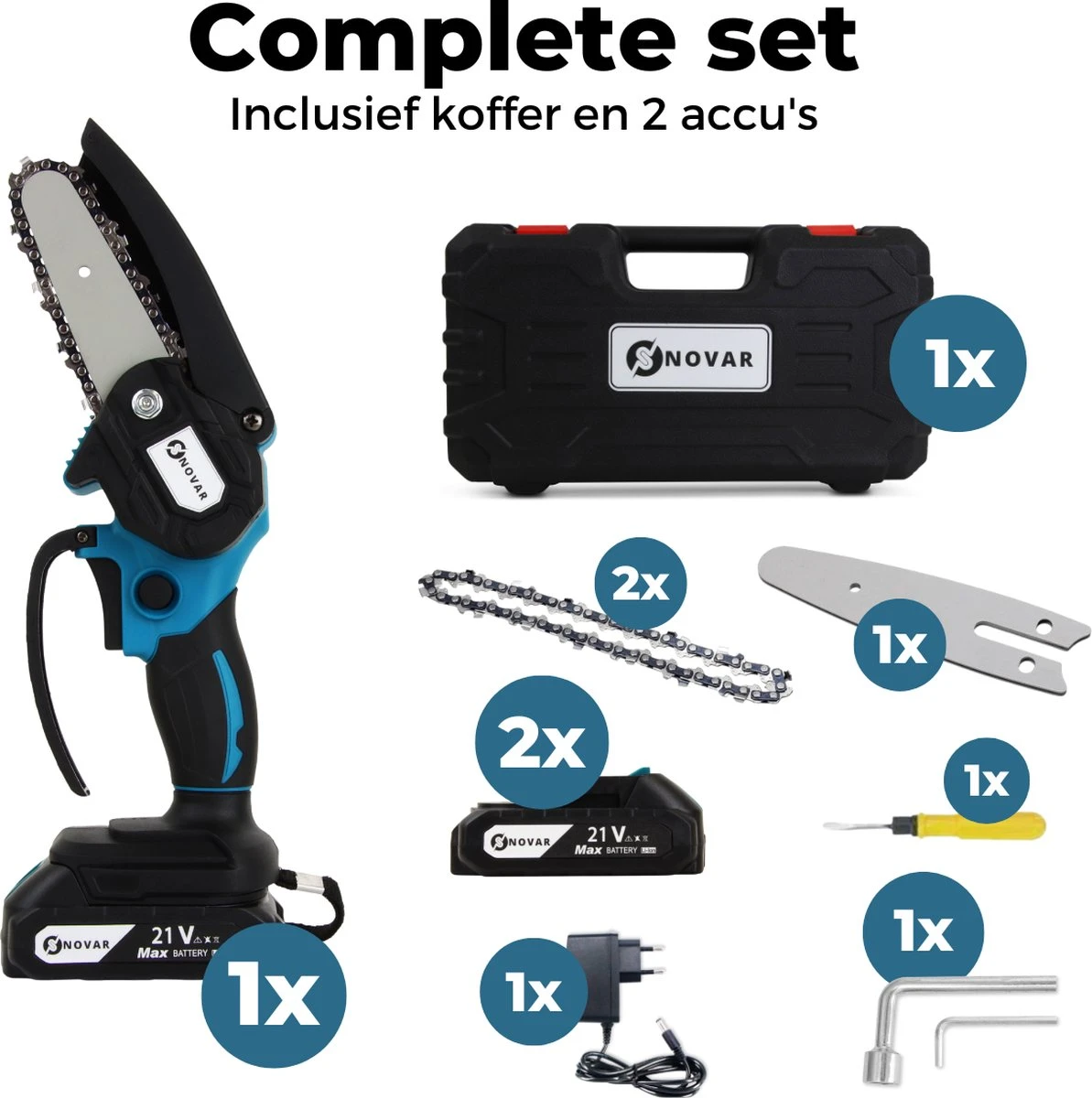 NovarGarden® Mini Kettingzaag NG1 - Met 2x Accu - Takkenzaag - Snoeizaag - Electrisch - Handzaag - Boomzaag - 21V - Afbeelding 6