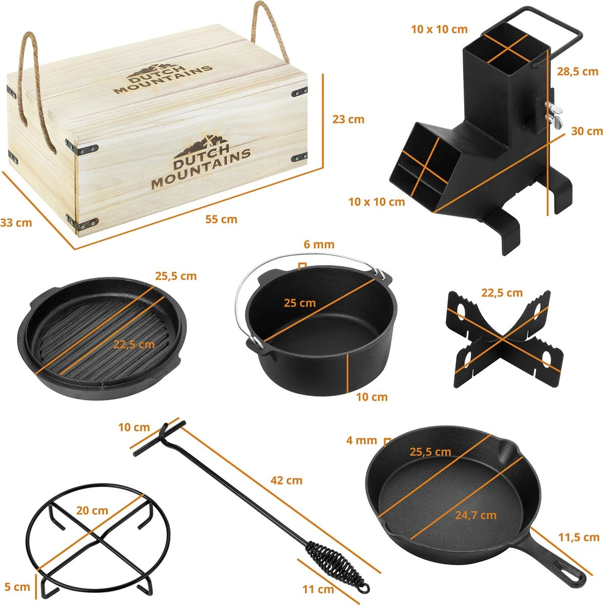 Dutch Mountains Gietijzeren Pannenset 7-delig - Dutch Oven – Braadpan - Grillpan - Hapjespan - Kookset In Houten Transportkist - Deksellifter - Brander - Afbeelding 2