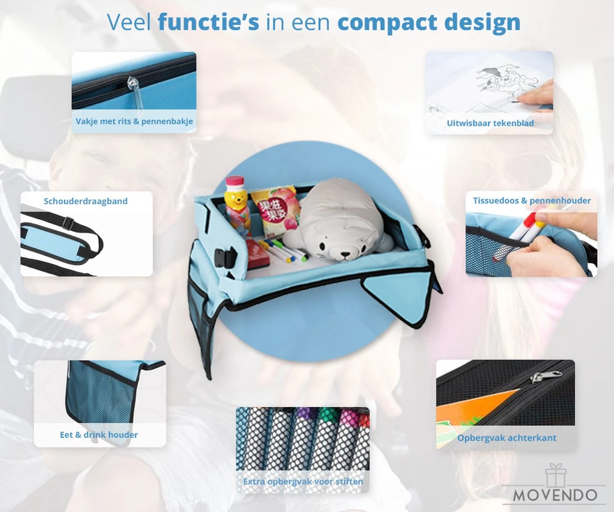‘’MOVENDO’’ Reistafel Voor Auto Kinderen – Autotafel – Speeltafel Auto – Travel Tray – Tekentafel – Opvouwbaar Met Tablethouder - Blauw - Afbeelding 4