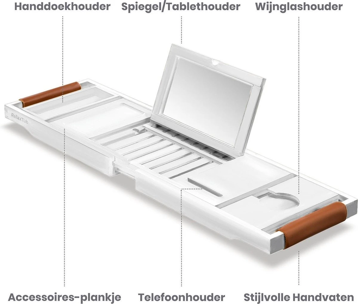 RelaxTub® Badplank - Badplank Voor In Bad - Badrek - Verstelbaar - Anti Slip - Badplank Wit - Badplank Hout - Badrekje Inclusief Boekenhouder, Tablethouder & Spiegel - Afbeelding 2