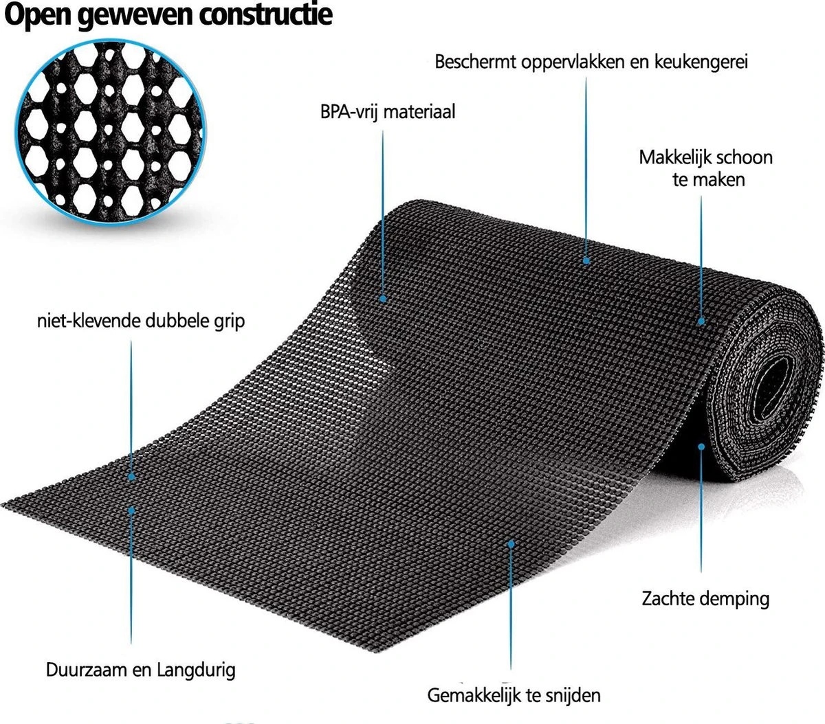SWILIX ® Antislipmat Voor Kasten En Lades, Douchemat - Badkamermat - Badmat, Dienblad, Vloer - 4 Meter Rol - Anti Slip Mat - 400 X 30 Cm - Zwart - Afbeelding 5