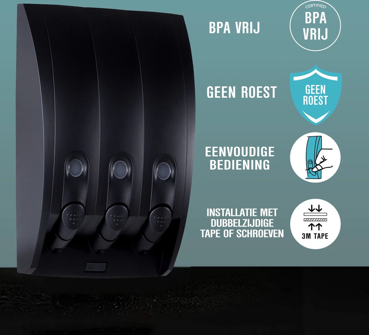 Aquathof, Zeepdispenser, Mat Zwart, 3 Kamer, 3 Reservoirs, 3x350ml, Hangend, Wandmontage - Afbeelding 4