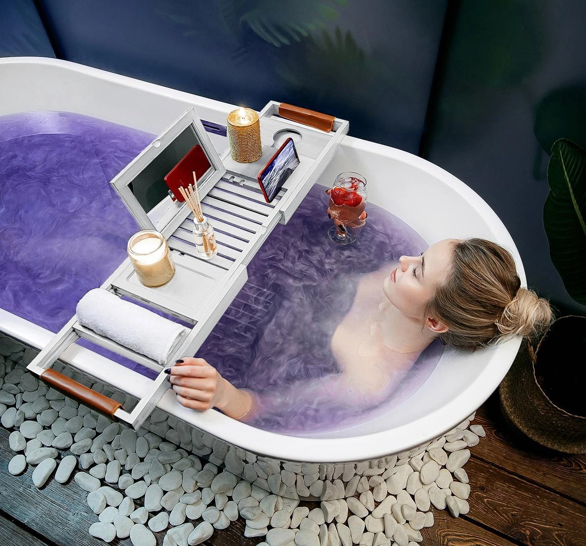 RelaxTub® Badplank - Badplank Voor In Bad - Badrek - Verstelbaar - Anti Slip - Badplank Wit - Badplank Hout - Badrekje Inclusief Boekenhouder, Tablethouder & Spiegel - Afbeelding 5