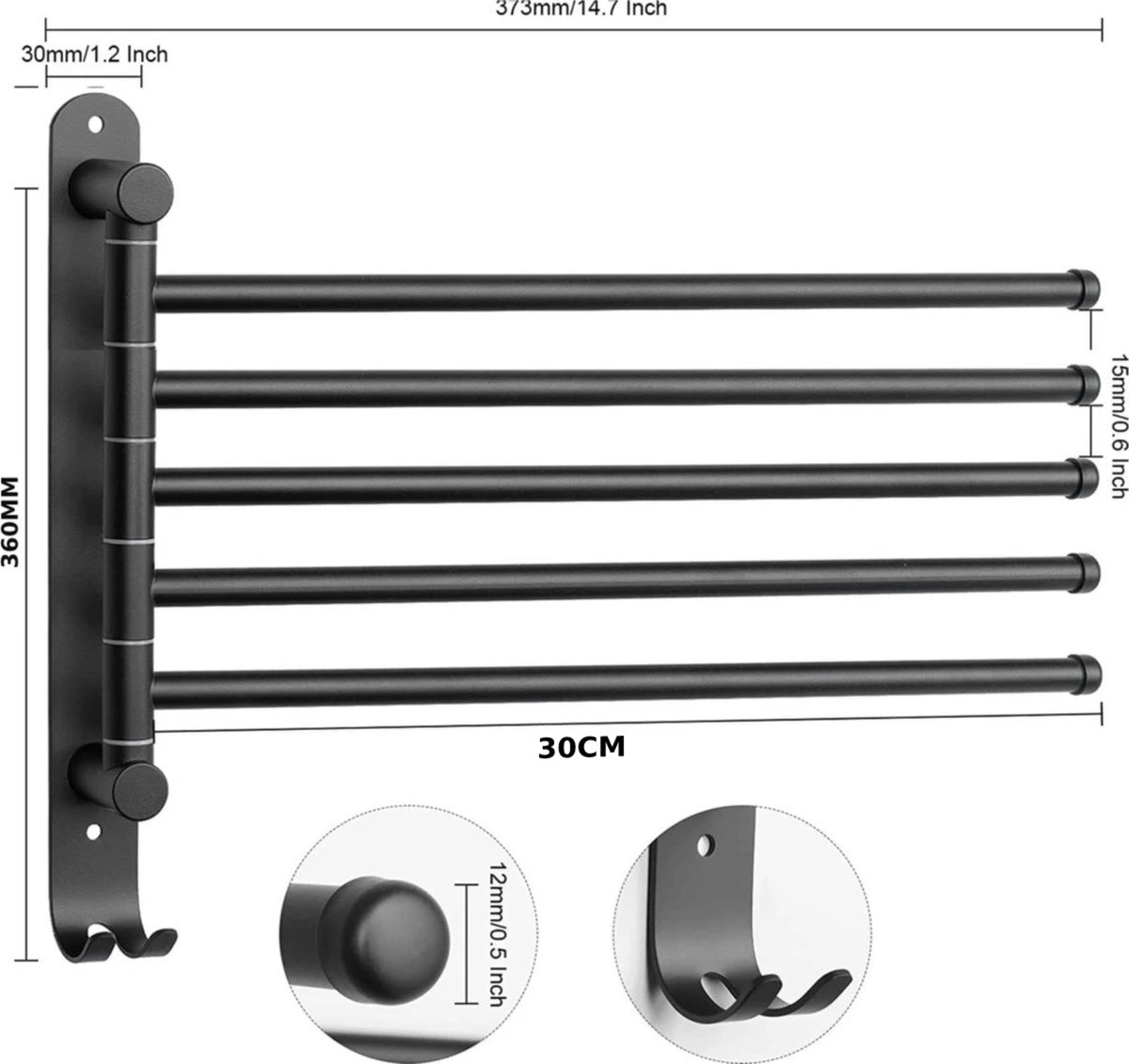BOTC Handdoekrek - 5-armig Handdoekhouder - Handdoekstang - 180 Graden Verstelbaar - Badkamer - Zwart - Afbeelding 4