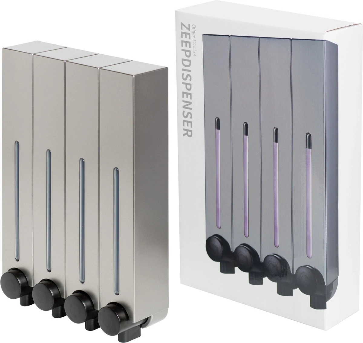 Aquathof, Zeepdispenser, RVS Kleur, 4 Kamer, 4 Reservoirs, 4x500ml, Hangend - Wandmontage - Afbeelding 2