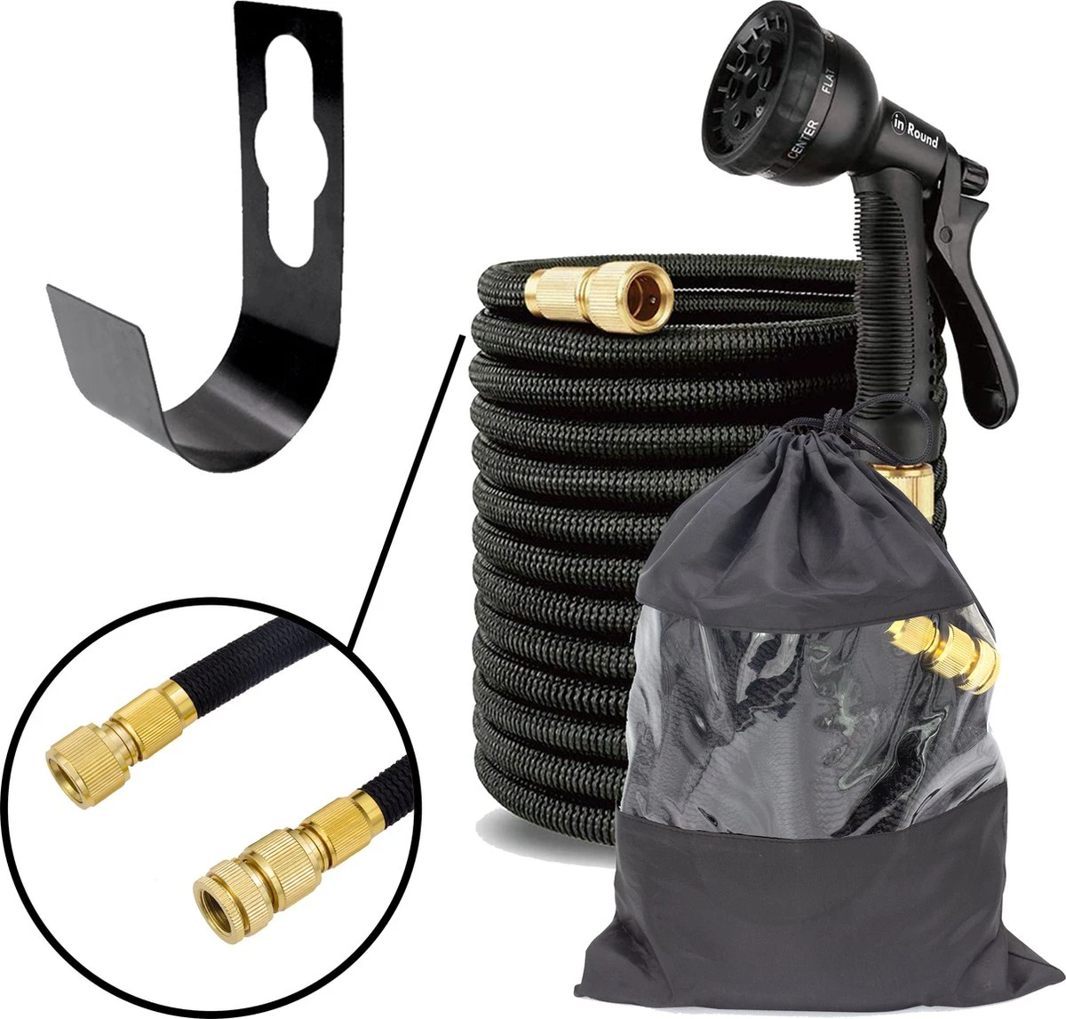 In Round Flexibele Tuinslang – 22,5 Meter – Sproeikop, Tuinslanghouder