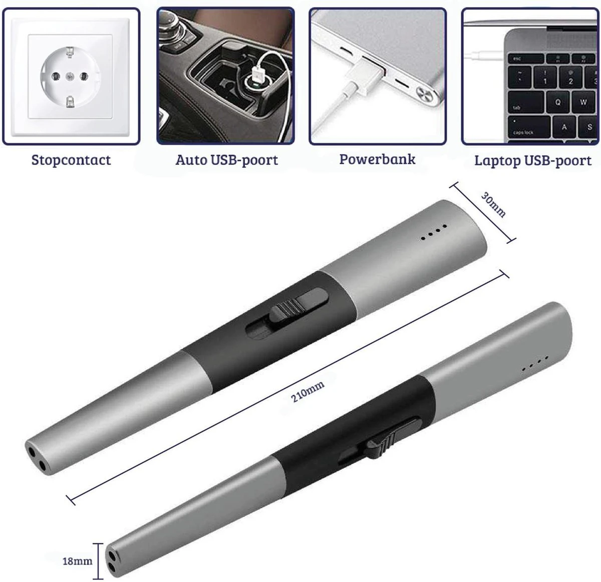 Allkinds Lange Elektrische Plasma Aansteker - USB Oplaadbaar - Vlamloze Elektrische Aansteker Voor Keuken, Kaars, BBQ Of Openhaard - Zwart - In- En Outdoor - Chique Design - Afbeelding 4