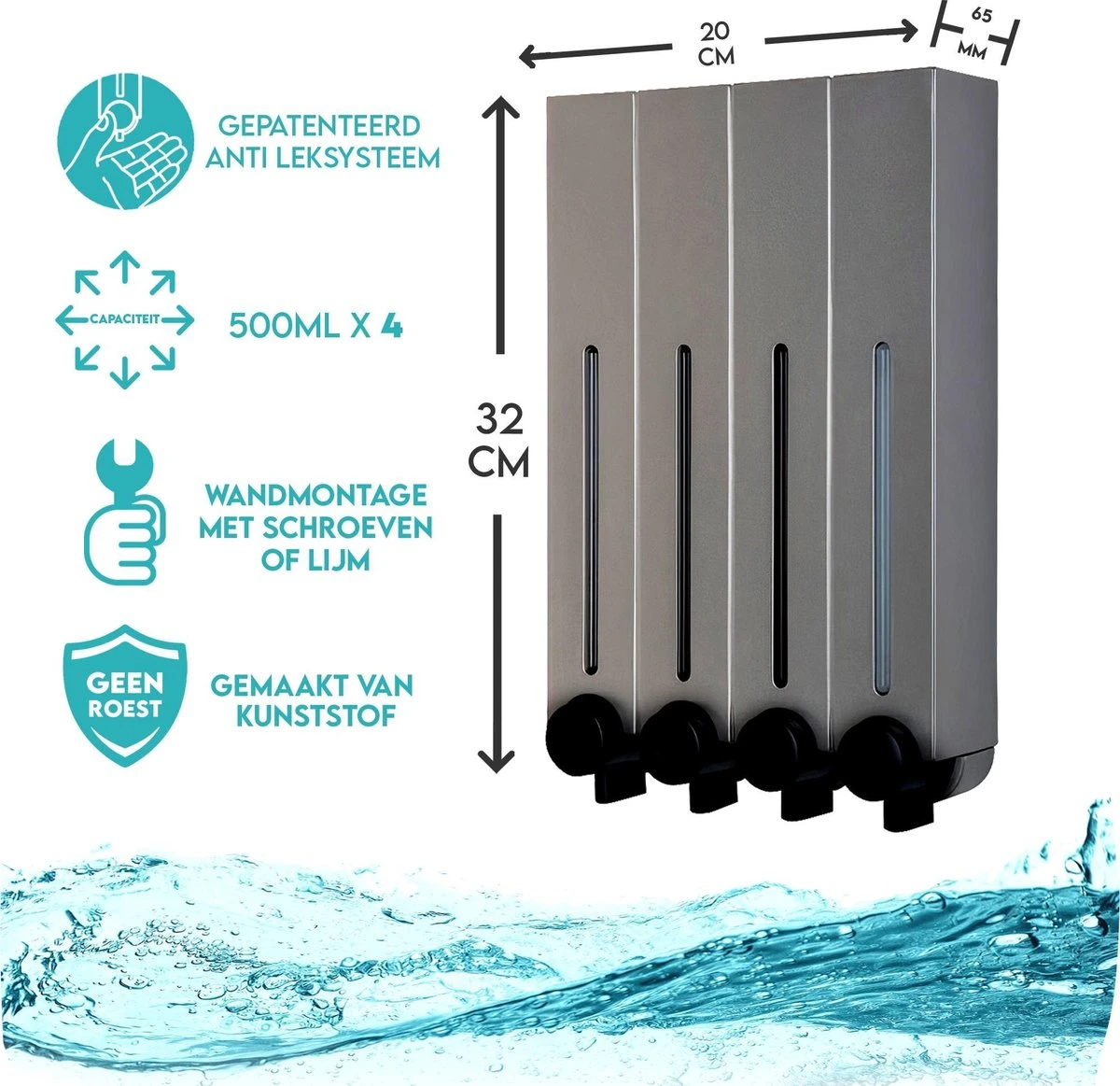 Aquathof, Zeepdispenser, RVS Kleur, 4 Kamer, 4 Reservoirs, 4x500ml, Hangend - Wandmontage - Afbeelding 9