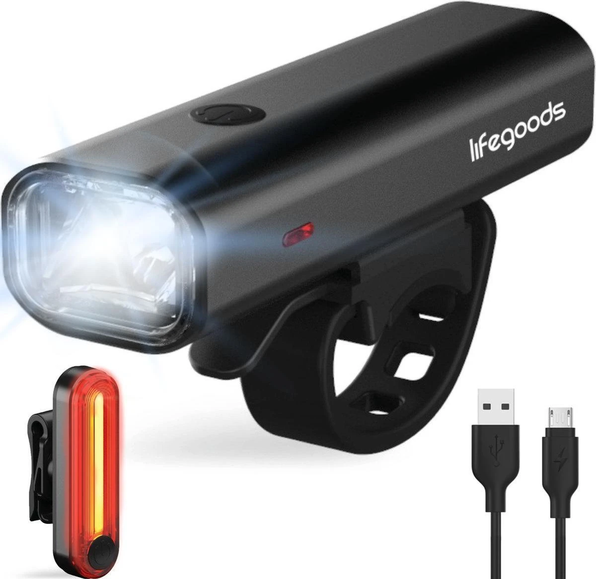 LifeGoods LED Fietsverlichting Set - Voorlicht En Achterlicht - USB Oplaadbaar - Zwart