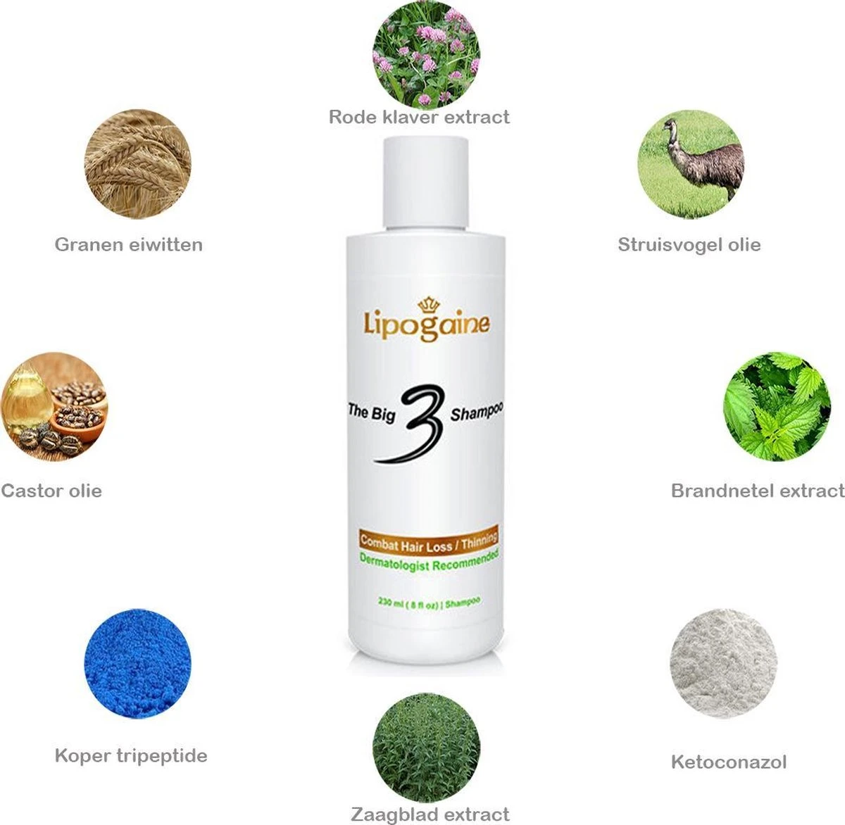 Lipogaine Big 3 Haargroei Shampoo-tegen Haaruitval- Anti Roos- Met 1% Ketoconazol En Biotine- 230 Ml - Afbeelding 3