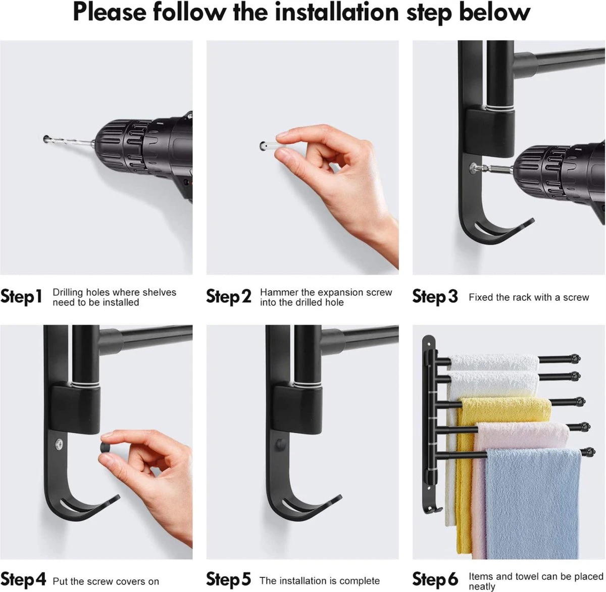 BOTC Handdoekrek - 5-armig Handdoekhouder - Handdoekstang - 180 Graden Verstelbaar - Badkamer - Zwart - Afbeelding 6