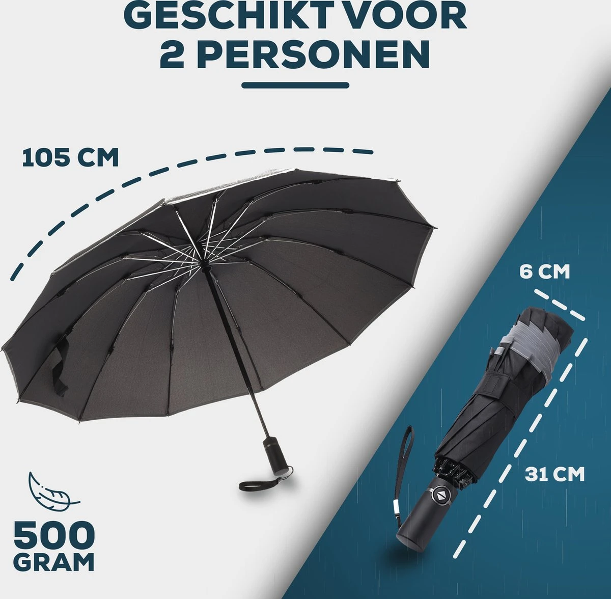 Stormparaplu - Opvouwbaar - 105 CM - Paraplu - Automatisch In En Uit Klapbaar - Stormbestendig Tot 140 Km/h - Luxe Beschermhoes - Afbeelding 6