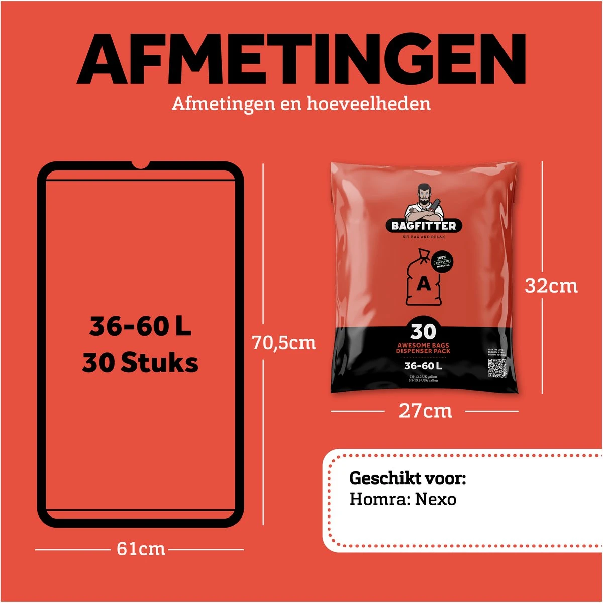 BagFitter Rood A 35L Tot 60L Vuilniszak Met Trekband Van 100% Gerecycled Plastic - 78cm X 50cm - 30 Stuks - 35-60 Liter - Vuilniszakken - Afvalzakken - Prullenbakzakken Geschikt Voor O.a. Homra Nexo - Afbeelding 2