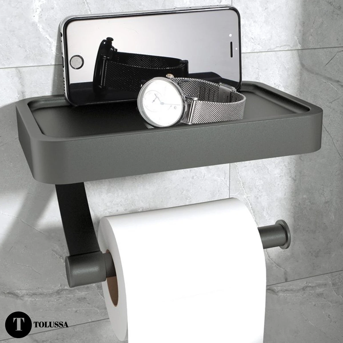 Tolussa Premium WC Rolhouder Zwart Met Plankje - Toiletrolhouder Zwart Met Plankje - Met En Zonder Boren - Afbeelding 4