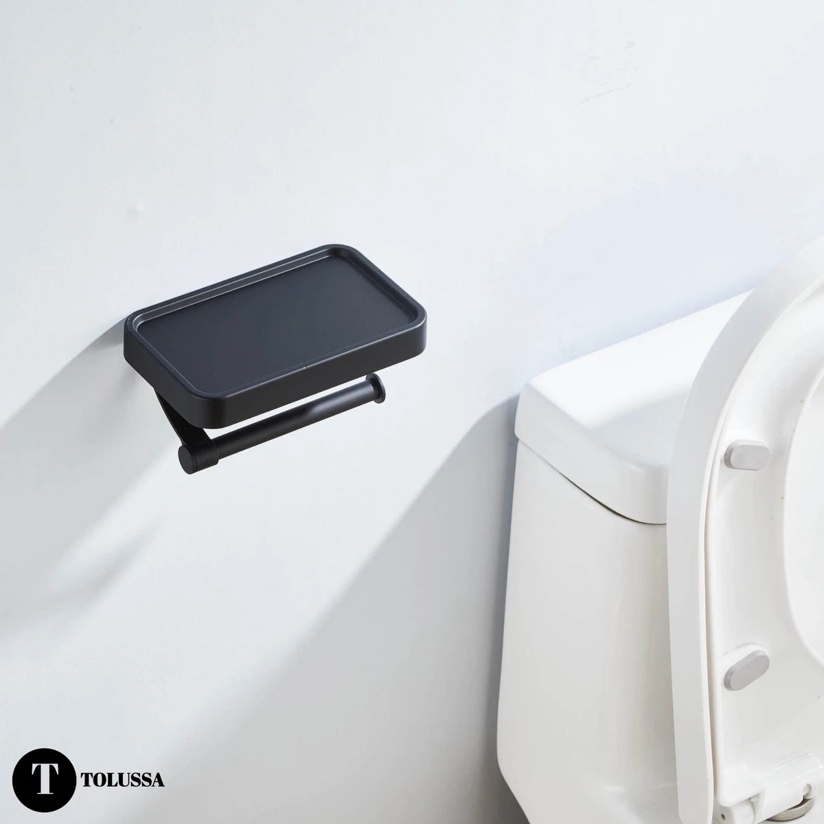 Tolussa Premium WC Rolhouder Zwart Met Plankje - Toiletrolhouder Zwart Met Plankje - Met En Zonder Boren - Afbeelding 5