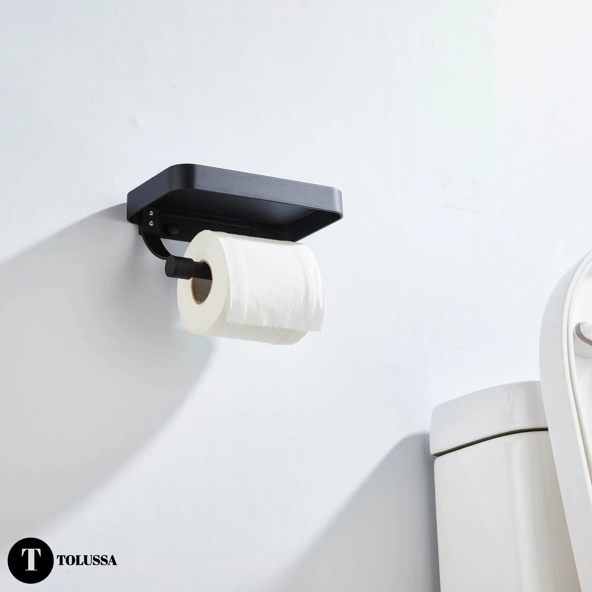 Tolussa Premium WC Rolhouder Zwart Met Plankje - Toiletrolhouder Zwart Met Plankje - Met En Zonder Boren - Afbeelding 6