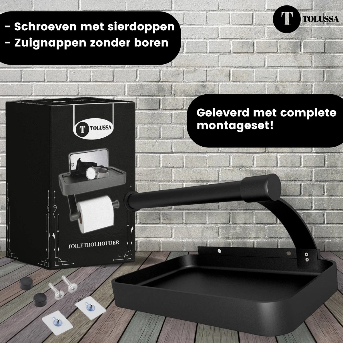 Tolussa Premium WC Rolhouder Zwart Met Plankje - Toiletrolhouder Zwart Met Plankje - Met En Zonder Boren - Afbeelding 10