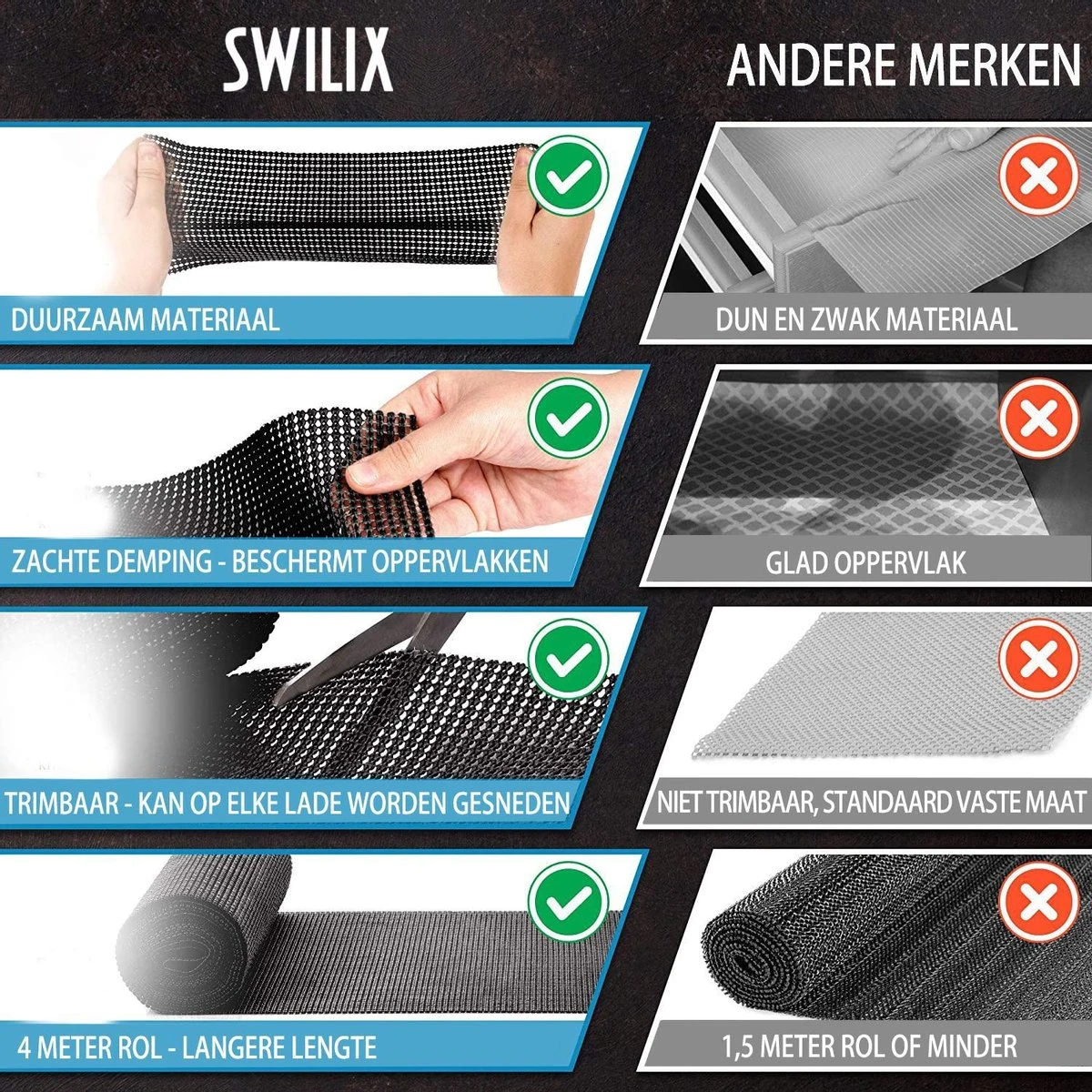 SWILIX ® Antislipmat Voor Kasten En Lades, Douchemat - Badkamermat - Badmat, Dienblad, Vloer - 4 Meter Rol - Anti Slip Mat - 400 X 30 Cm - Zwart - Afbeelding 3