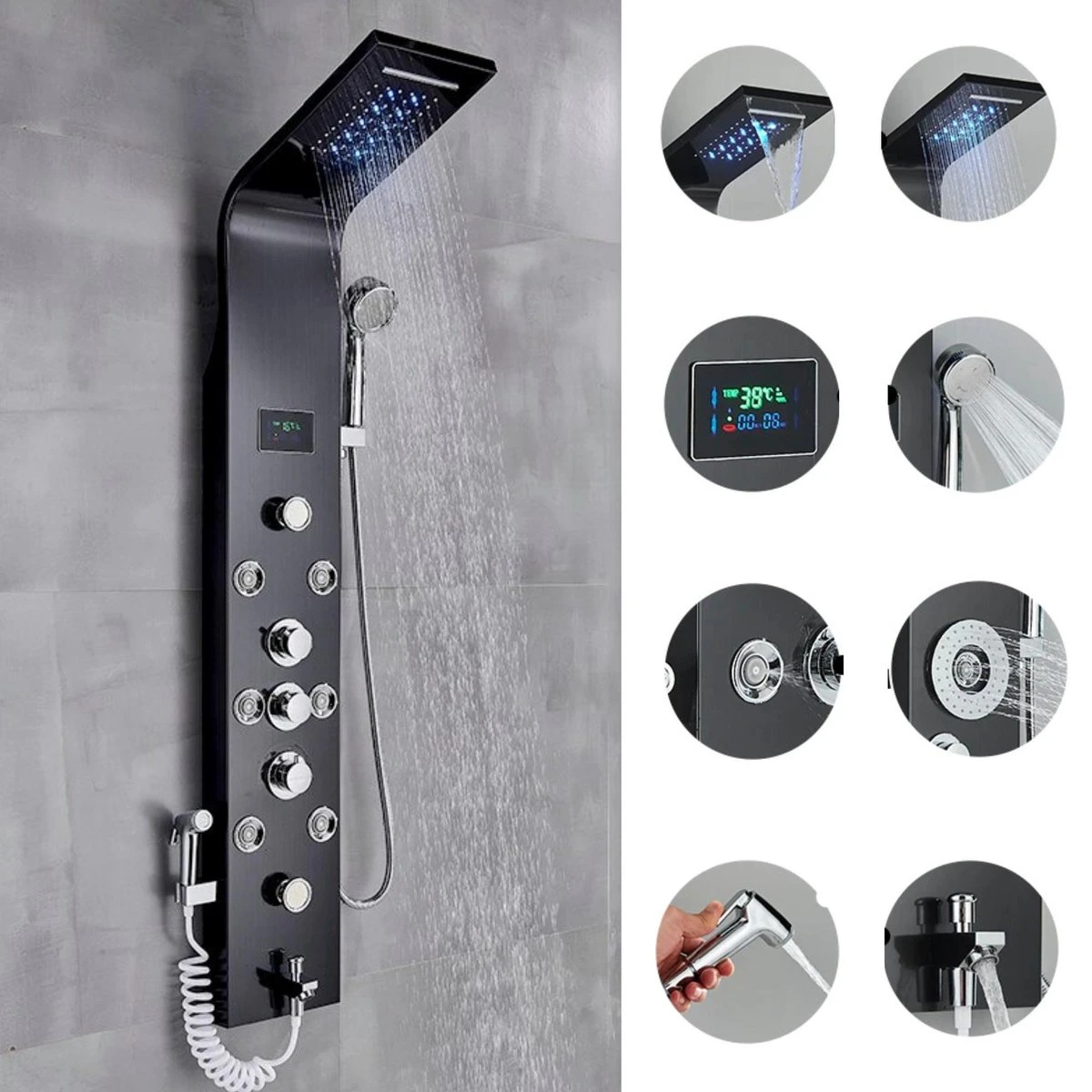 Douchepaneel Met Massage - Regendouche - Massage Jets - Waterval Douche - Met Thermostaatkraan En Handdouche - Zwart - Opbouw - Douchekop - Flanner®