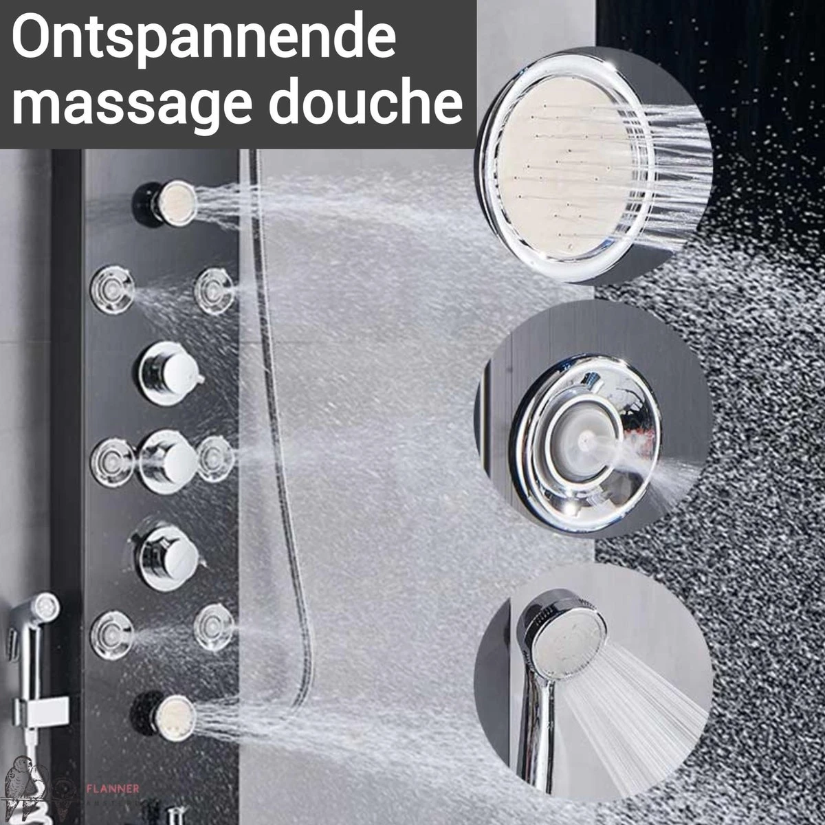 Douchepaneel Met Massage - Regendouche - Massage Jets - Waterval Douche - Met Thermostaatkraan En Handdouche - Zwart - Opbouw - Douchekop - Flanner® - Afbeelding 3