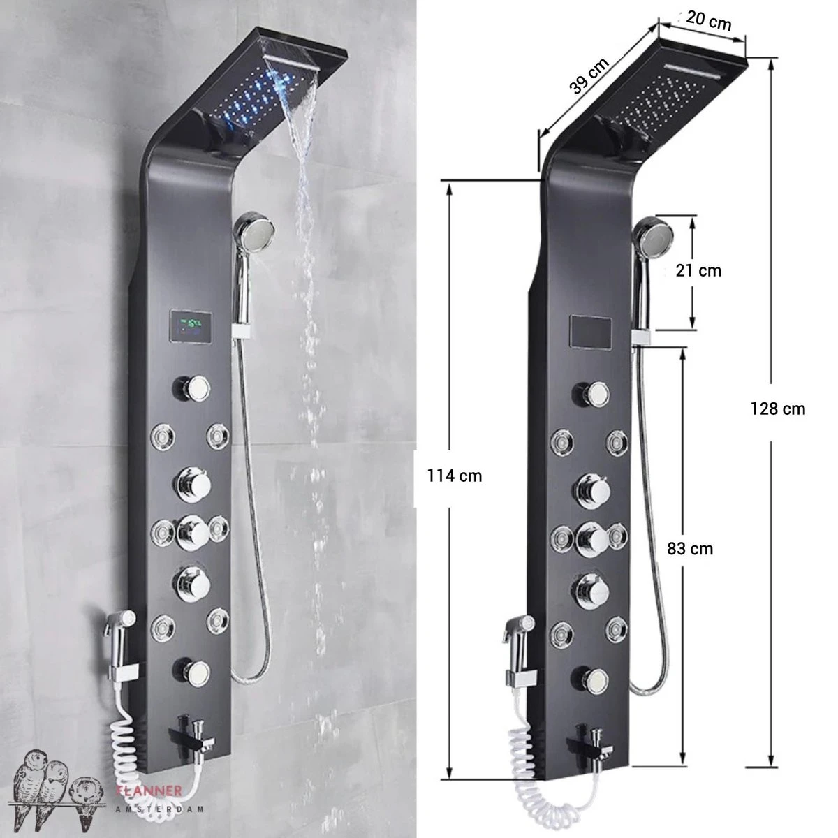 Douchepaneel Met Massage - Regendouche - Massage Jets - Waterval Douche - Met Thermostaatkraan En Handdouche - Zwart - Opbouw - Douchekop - Flanner® - Afbeelding 5