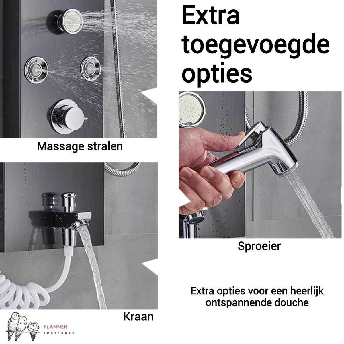 Douchepaneel Met Massage - Regendouche - Massage Jets - Waterval Douche - Met Thermostaatkraan En Handdouche - Zwart - Opbouw - Douchekop - Flanner® - Afbeelding 7