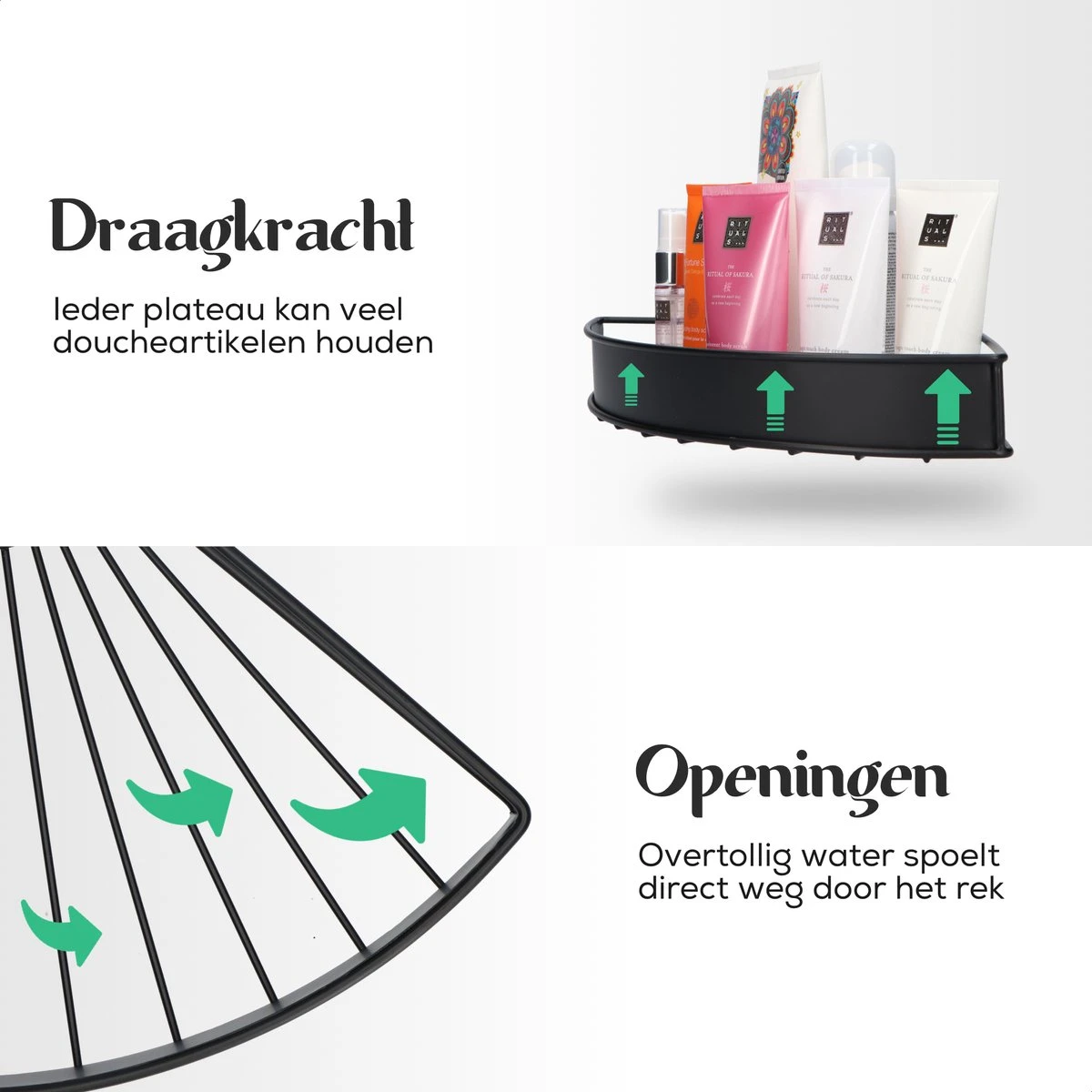 Avint Goods Telescopisch Doucherek Zonder Boren – 4 Laags Badkamerrek Staand – Douche Rek Hoekrek – Zwart - Afbeelding 3