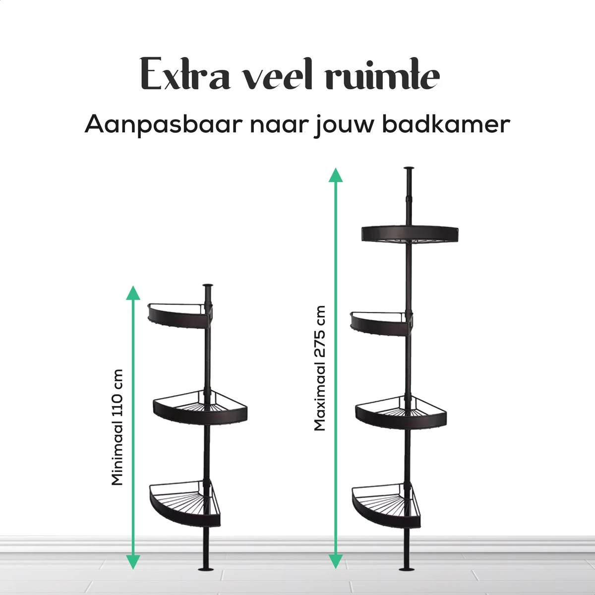 Avint Goods Telescopisch Doucherek Zonder Boren – 4 Laags Badkamerrek Staand – Douche Rek Hoekrek – Zwart - Afbeelding 6