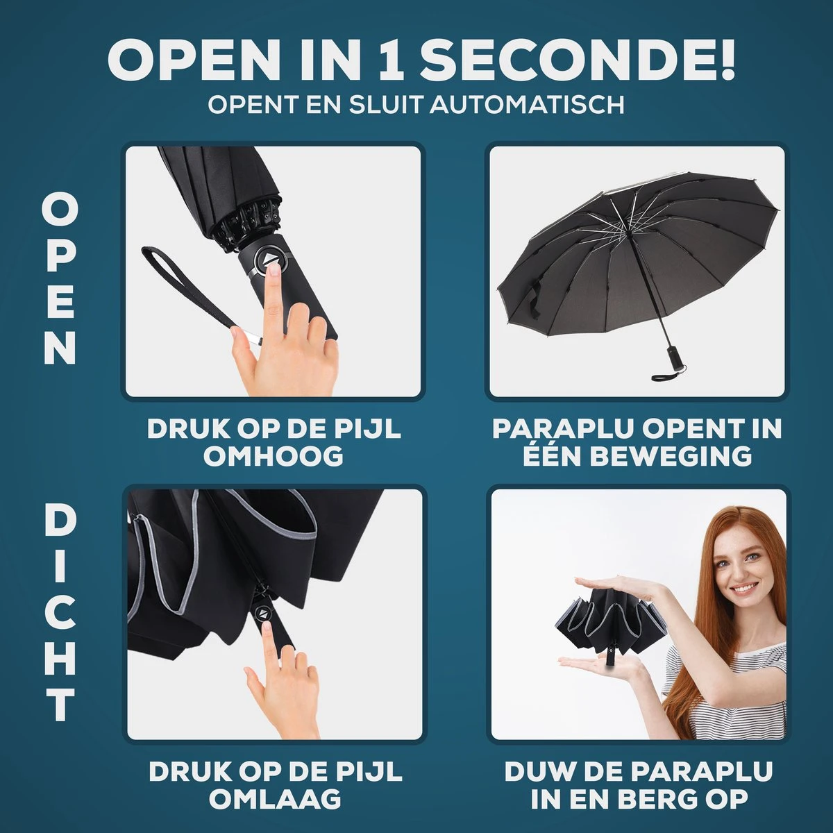 Stormparaplu - Opvouwbaar - 105 CM - Paraplu - Automatisch In En Uit Klapbaar - Stormbestendig Tot 140 Km/h - Luxe Beschermhoes - Afbeelding 7