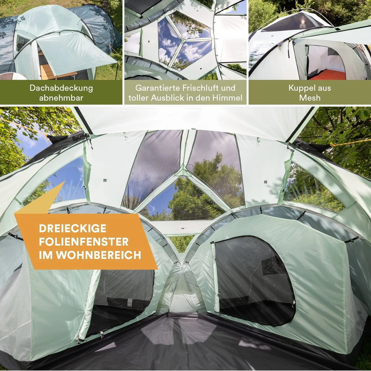 Skandika Bern 4 Koepeltent - Koepeltent - Tenten - 4 Persoons Kampeertent Met Panoramisch Dakraam, 2 Slaapcabines, Grondzeil, 210 Cm Stahoogte, Waterdicht, 4000 Mm Waterkolom - Grote Outdoor Familie Tent, Kampeertent - Grijs - Afbeelding 4