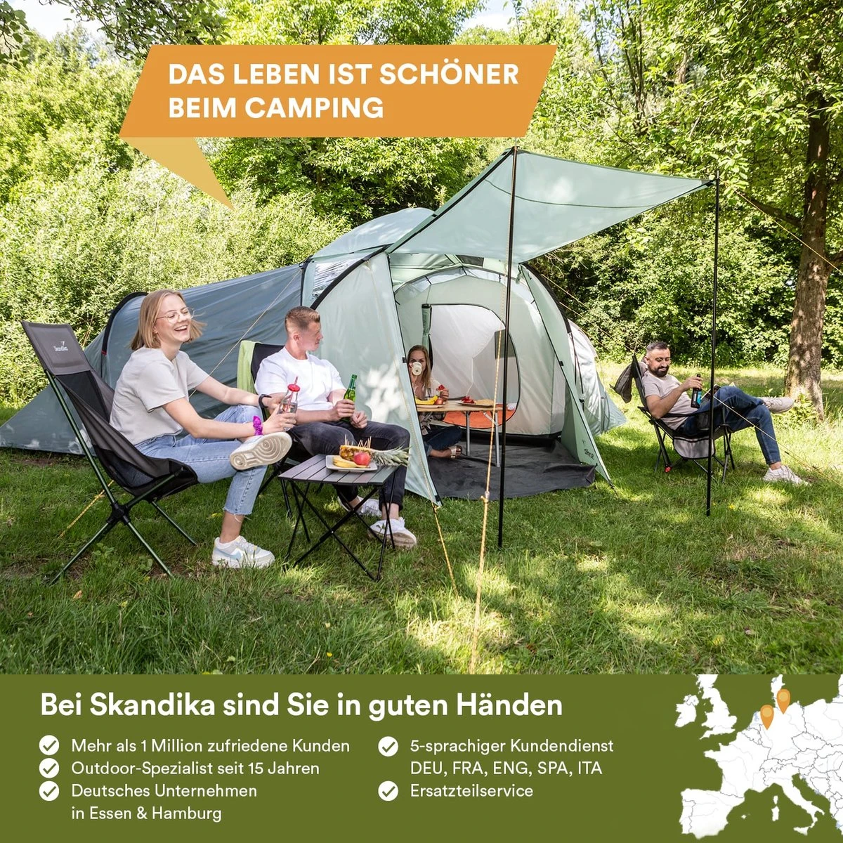 Skandika Bern 4 Koepeltent - Koepeltent - Tenten - 4 Persoons Kampeertent Met Panoramisch Dakraam, 2 Slaapcabines, Grondzeil, 210 Cm Stahoogte, Waterdicht, 4000 Mm Waterkolom - Grote Outdoor Familie Tent, Kampeertent - Grijs - Afbeelding 7