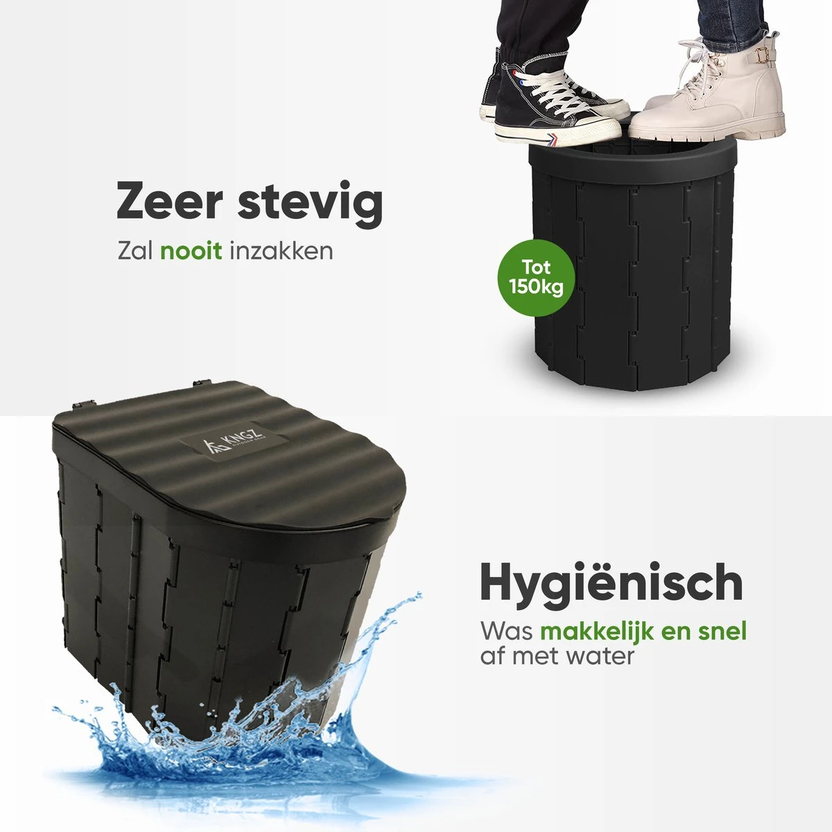 KNGZ Outdoor Gear – Camping Toilet – Nieuw Model – Biologisch Afbreekbare Zakjes – Opvouwbare Camping Toilet Met Deksel – Camping Toilet Hoge Zit – Draagbare WC Emmer Volwassen – Draagbaar Mobiel Potje – Nachtemmer – Opvouwbaar Toilet – Kamperen - Afbeelding 2