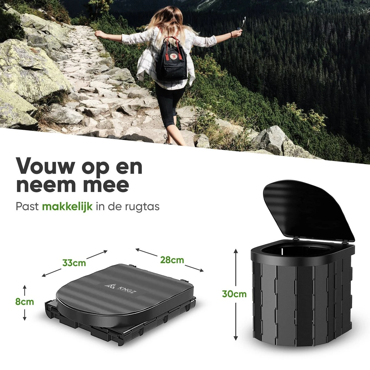 KNGZ Outdoor Gear – Camping Toilet – Nieuw Model – Biologisch Afbreekbare Zakjes – Opvouwbare Camping Toilet Met Deksel – Camping Toilet Hoge Zit – Draagbare WC Emmer Volwassen – Draagbaar Mobiel Potje – Nachtemmer – Opvouwbaar Toilet – Kamperen - Afbeelding 6