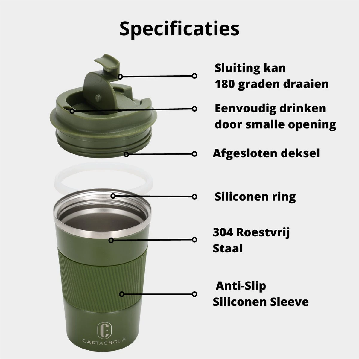 Castagnola Design RVS Koffiebeker To Go - Groen - 380ml - Thermosbeker - Theebeker - Afbeelding 5