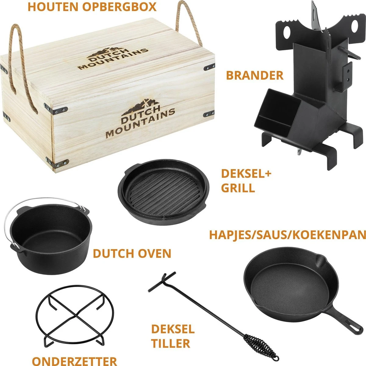 Dutch Mountains Gietijzeren Pannenset 7-delig - Dutch Oven – Braadpan - Grillpan - Hapjespan - Kookset In Houten Transportkist - Deksellifter - Brander - Afbeelding 6