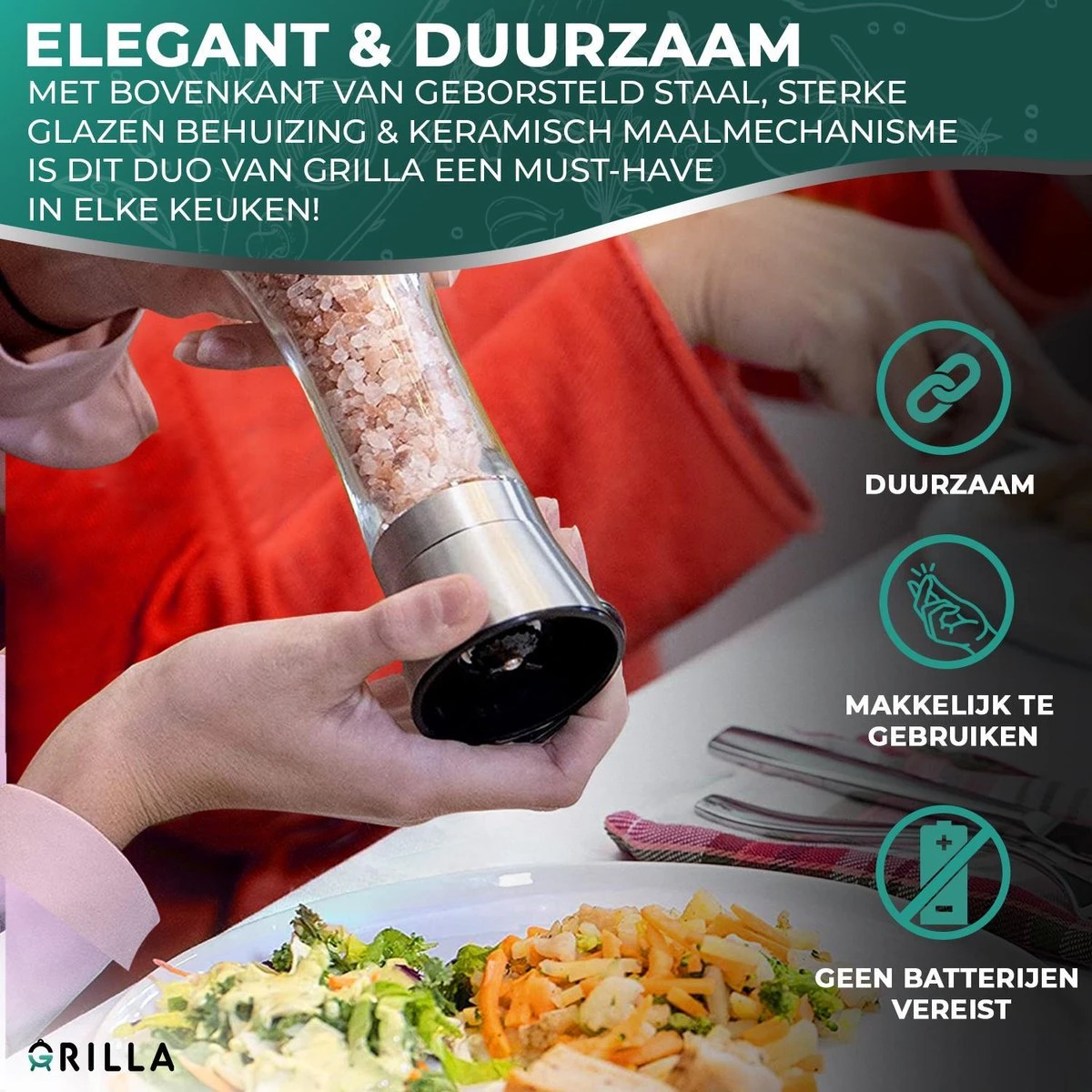 Peper En Zoutmolen Set - RVS Zout En Peperstel - Zoutvaatje En Pepermolen - 2 In 1 - Afbeelding 2