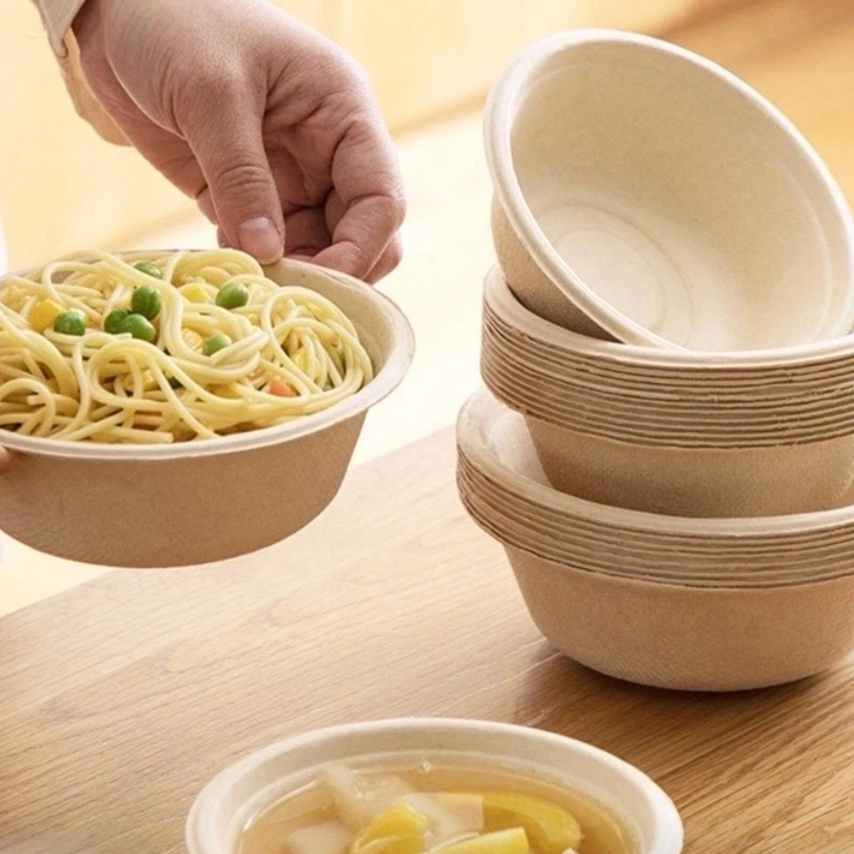 BIO Wegwerp Soepkommen 50 Stuks - Schaaltje Suikerriet 400ml - Natuur - Afbeelding 3