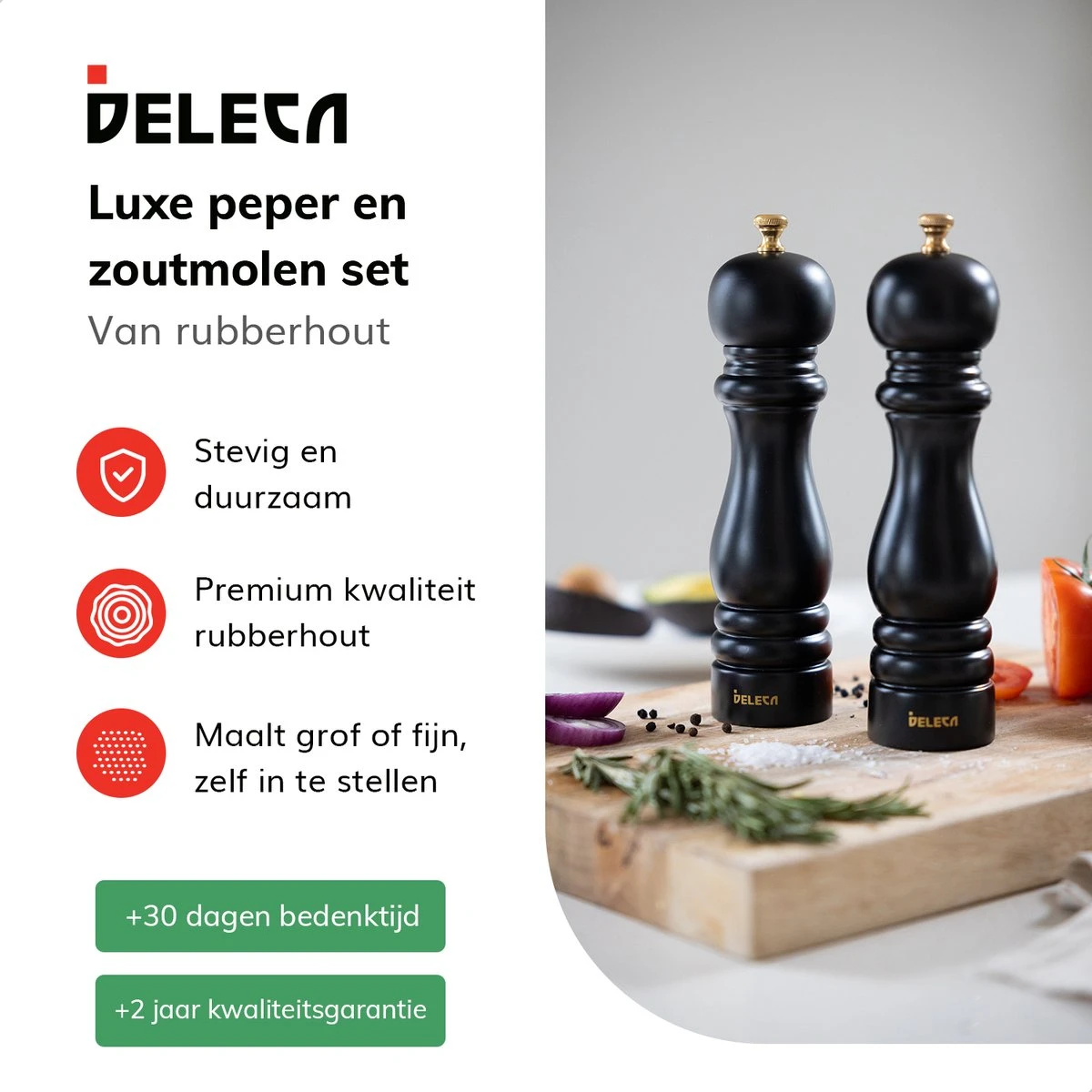 Deleca Luxe Peper En Zoutmolen Set - Met Geschenkdoos - Zout / Pepermolen - Rubberhout - Zwart & Goud - Afbeelding 5