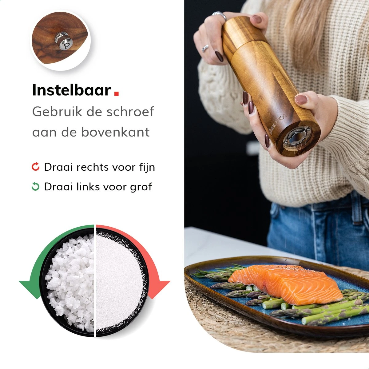 Deleca Luxe Peper En Zoutmolen Set - Zout / Pepermolen - Handmatig - Met Navul Lepel & Geschenkdoos - Acacia Hout - Rond - Afbeelding 6
