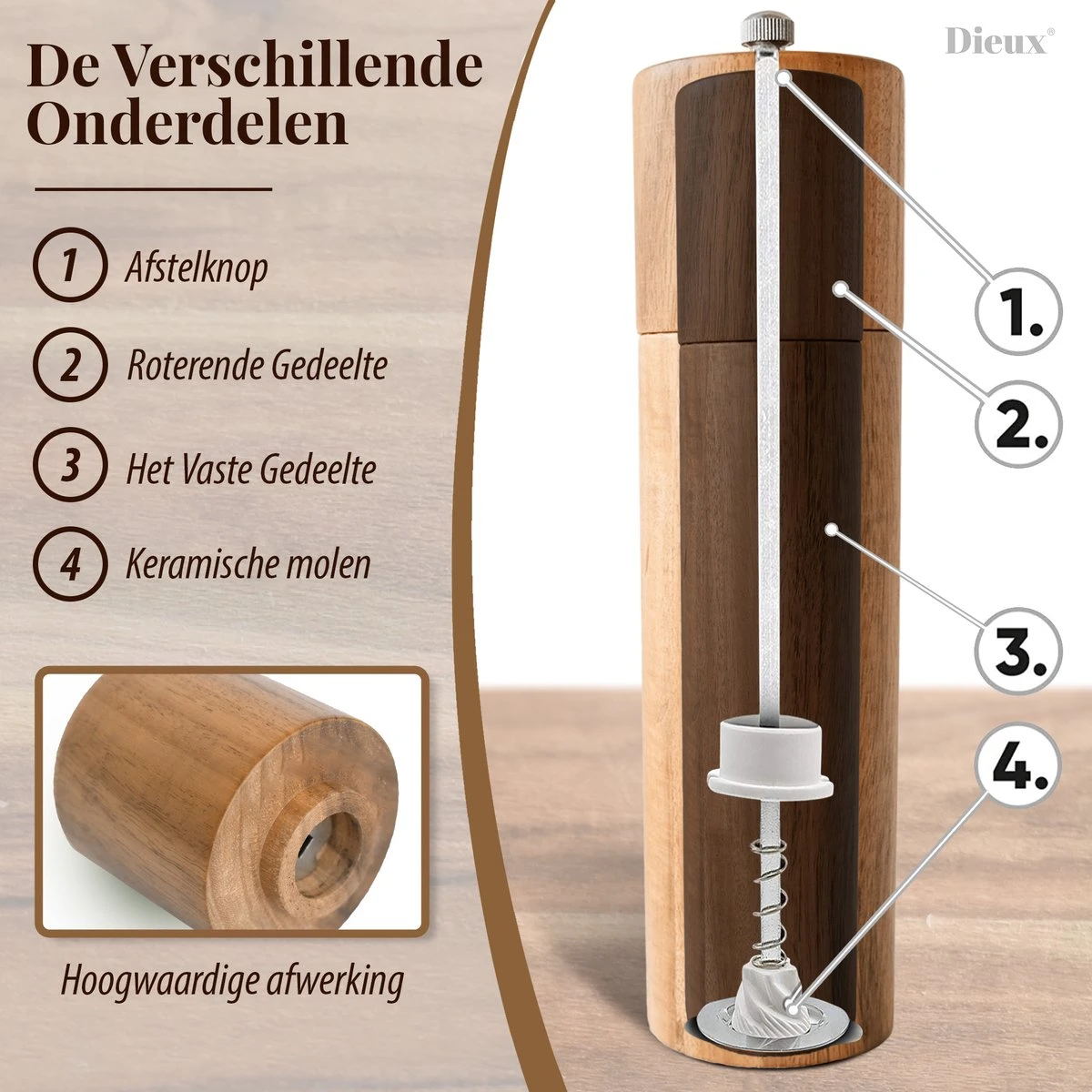 Dieux® - Peper En Zoutmolen Set - Cilinder Vorm - 22CM - Zout Peper Kruiden - 2 Stuks - Acacia Hout - Instelbare Maalgraad - Duurzaam - Luxe Kwaliteit - Hervulbaar - Pepermolen - Zoutmolen - BBQ Accesoires - Pasen - Afbeelding 6