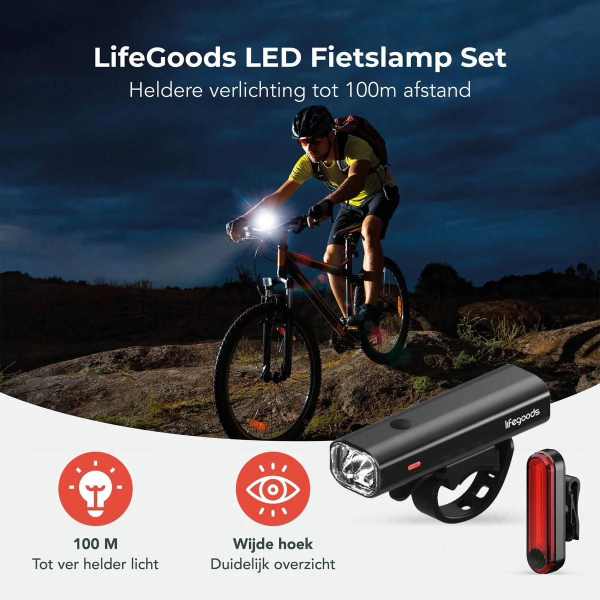 LifeGoods LED Fietsverlichting Set - Voorlicht En Achterlicht - USB Oplaadbaar - Zwart - Afbeelding 2