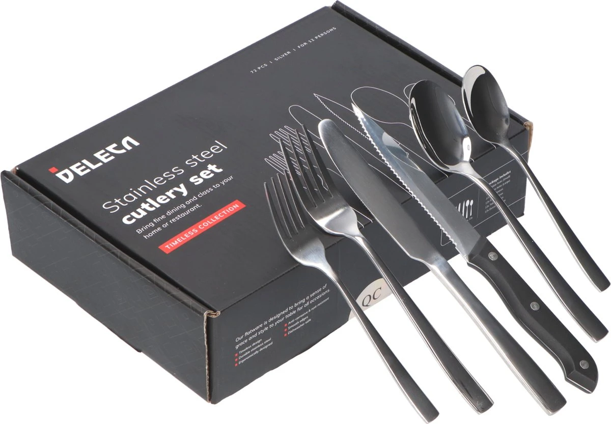 Deleca 12 Persoons Bestekset (72-delig) - Lepels, Messen, Vorken & Steakmessen - Vaatwasserbestendig - Zilver / RVS - Afbeelding 9