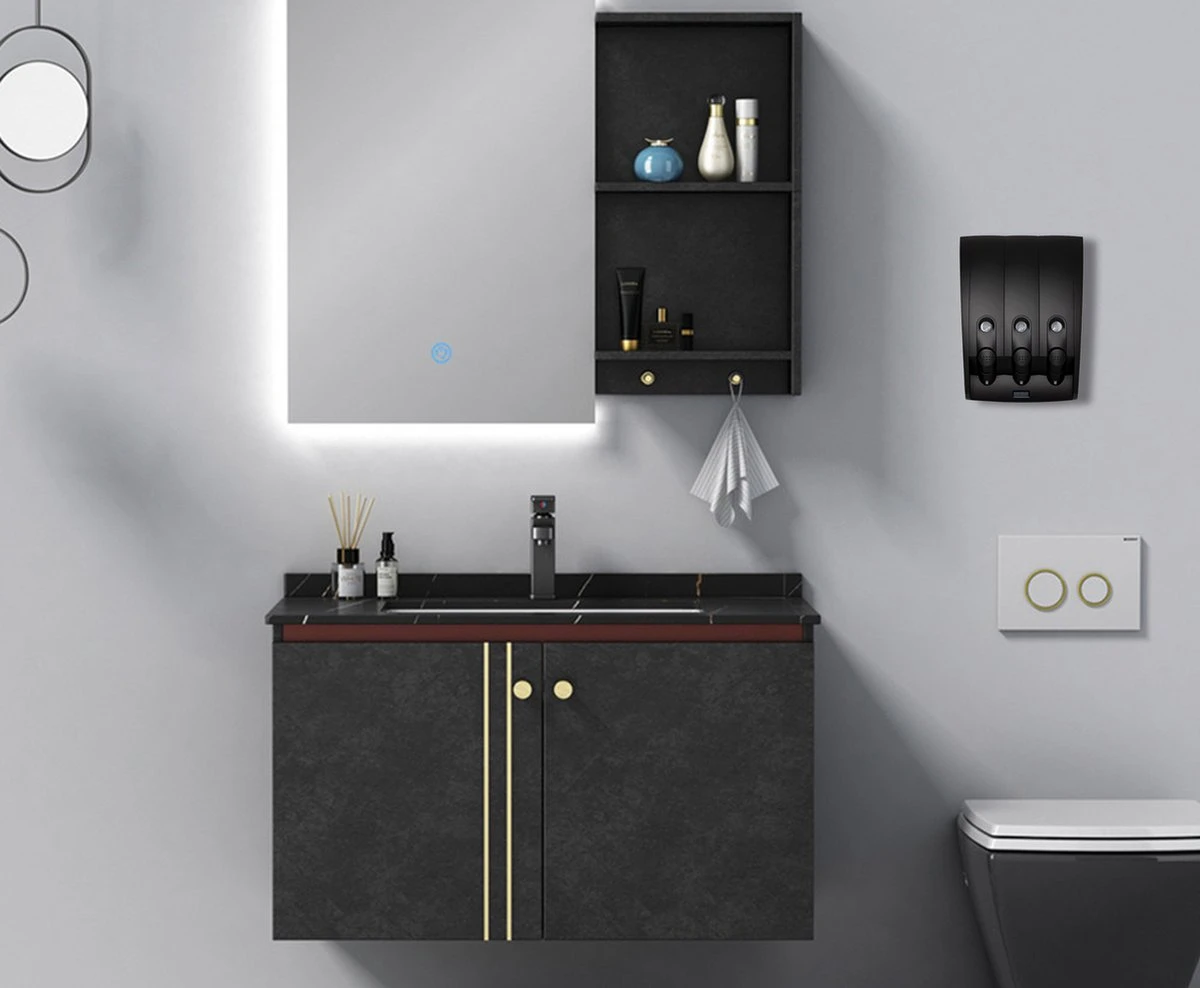 Aquathof, Zeepdispenser, Mat Zwart, 3 Kamer, 3 Reservoirs, 3x350ml, Hangend, Wandmontage - Afbeelding 5