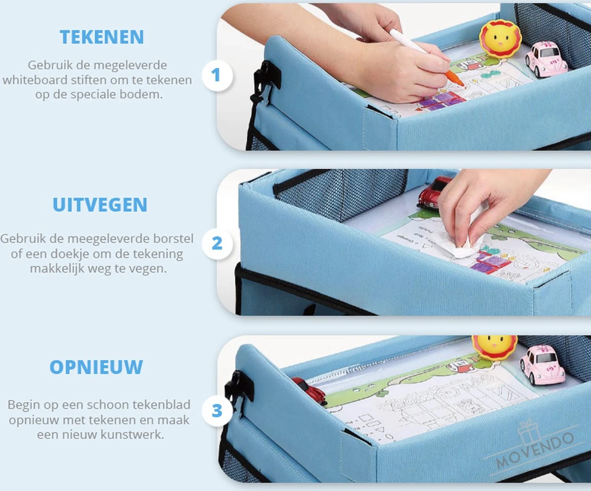 ‘’MOVENDO’’ Reistafel Voor Auto Kinderen – Autotafel – Speeltafel Auto – Travel Tray – Tekentafel – Opvouwbaar Met Tablethouder - Blauw - Afbeelding 3