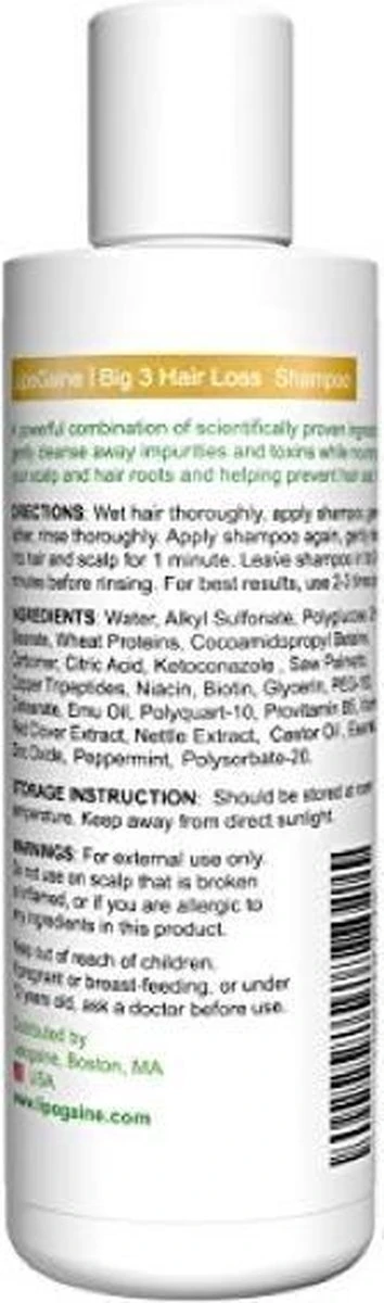 Lipogaine Big 3 Haargroei Shampoo-tegen Haaruitval- Anti Roos- Met 1% Ketoconazol En Biotine- 230 Ml - Afbeelding 2