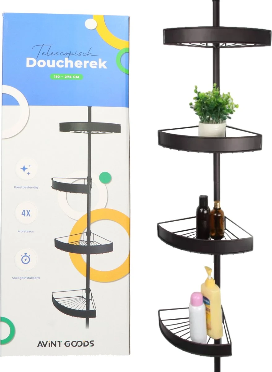 Avint Goods Telescopisch Doucherek Zonder Boren – 4 Laags Badkamerrek Staand – Douche Rek Hoekrek – Zwart - Afbeelding 7